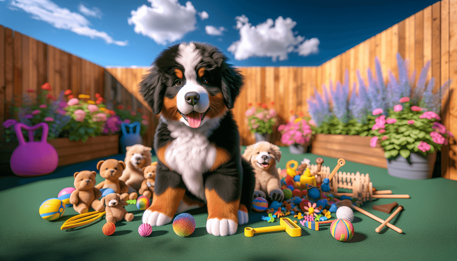 A 3D rendering of a playful Bernese Mountain Dog puppy with a fluffy black, white, and rust coat, sitting in a sunny backyard filled with colorful toy