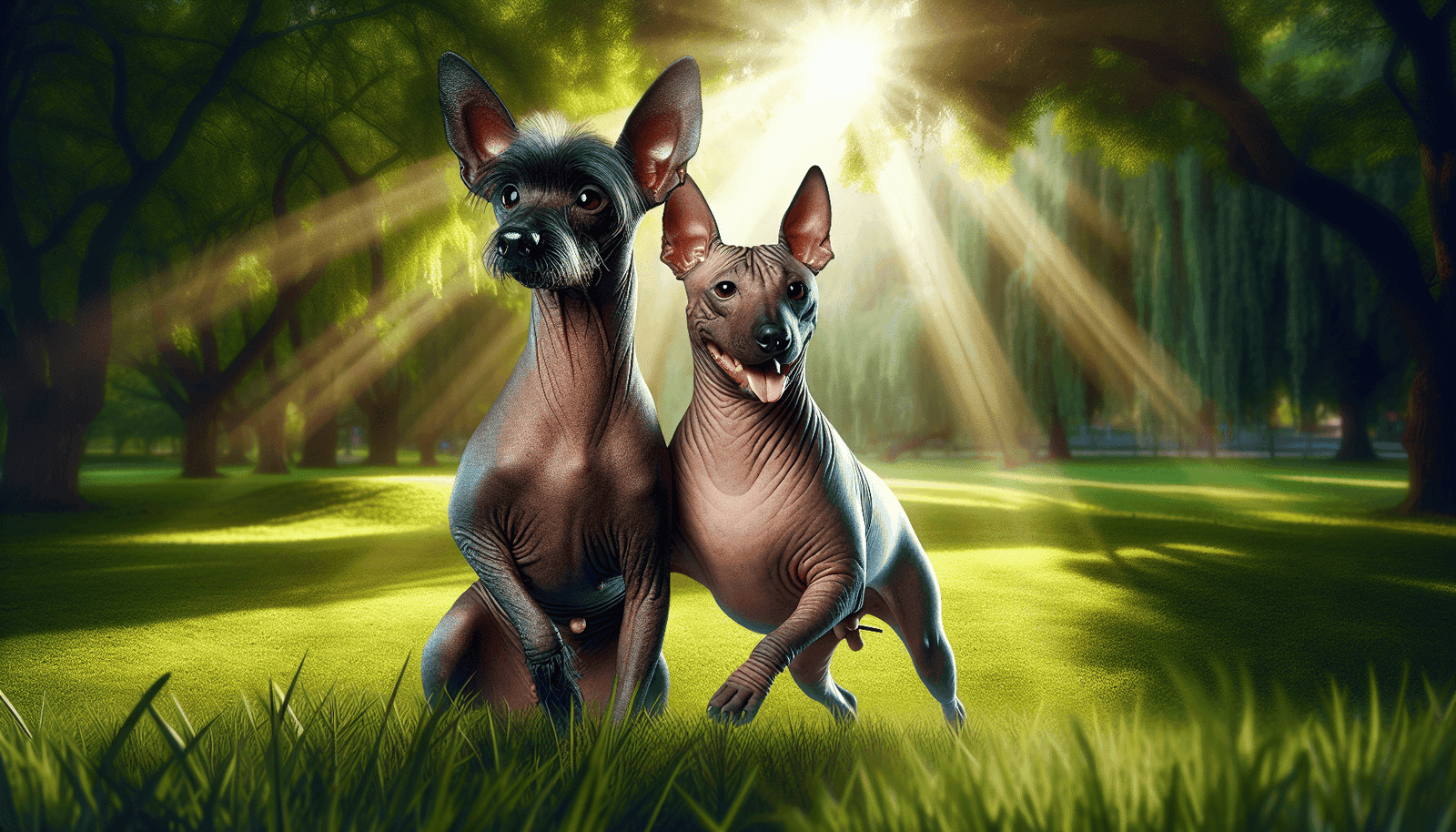 A Xoloitzcuintli and an American Hairless Terrier playing together in a sunlit park, surrounded by lush green grass and shady trees, showcasing the Xo