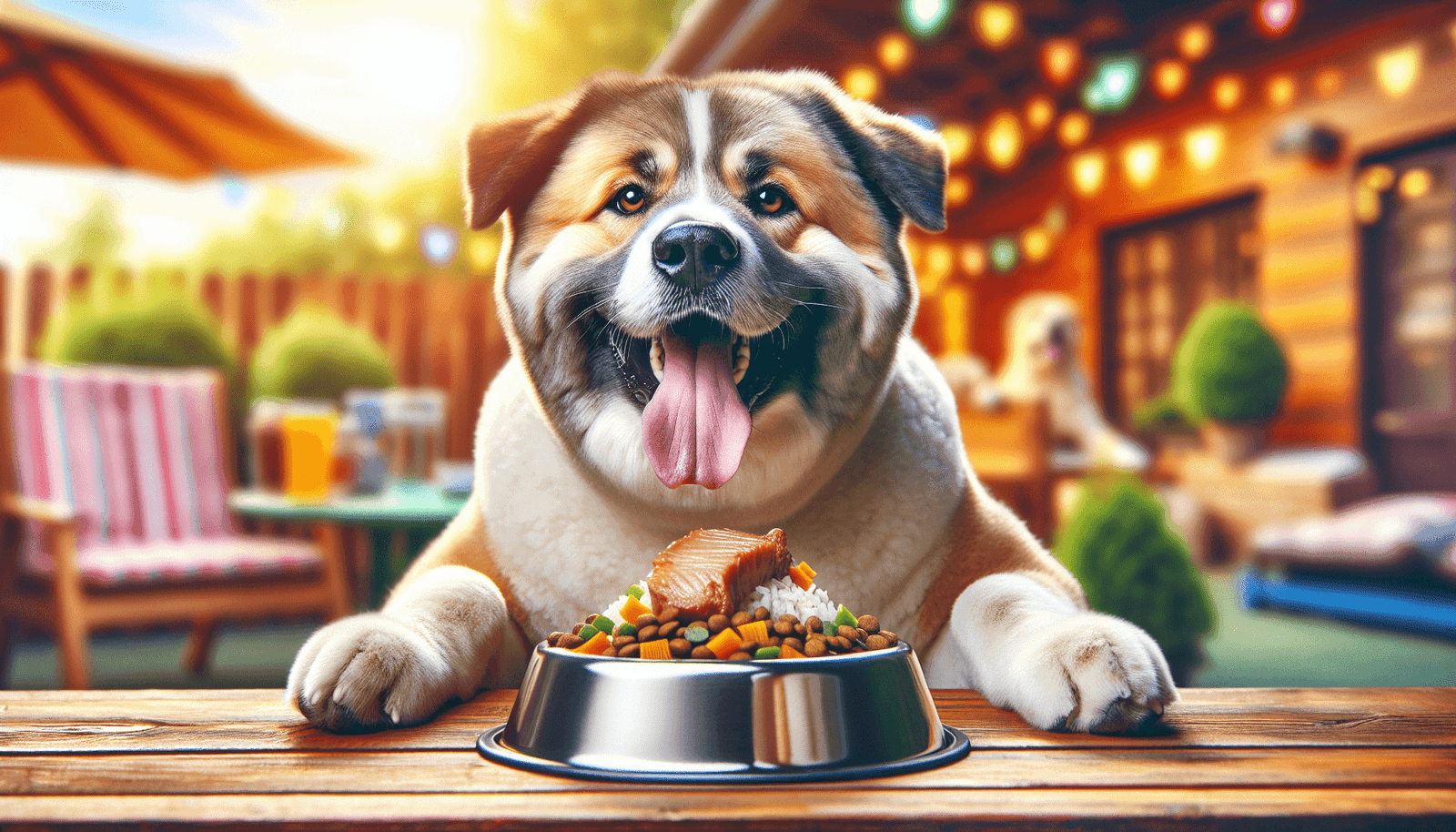 A cheerful Caucasian dog with thick fur happily eating from a bowl filled with high-quality dog food made of chicken, rice, and vegetables, set in a v