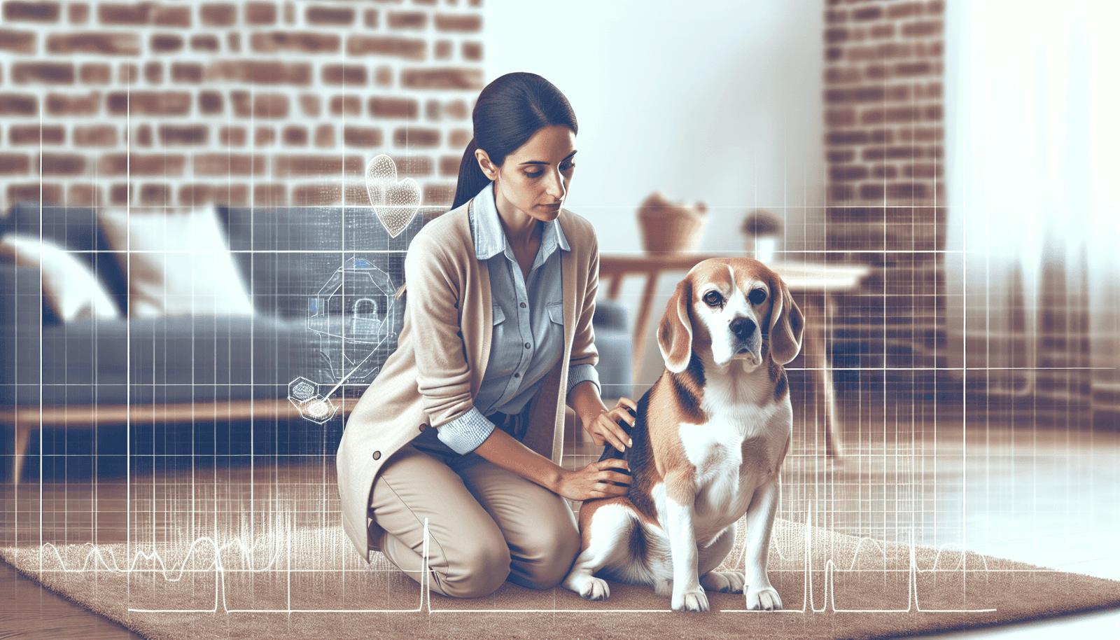 A concerned Hispanic woman kneels beside her medium-sized Beagle in a cozy living room, gently checking the dog's stomach with a nurturing expression.