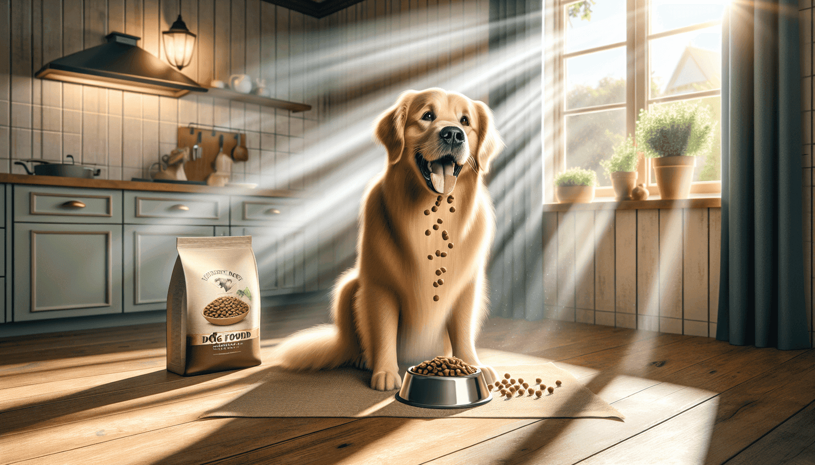 A joyful golden retriever happily eating from a bowl in a sunlit kitchen, with warm rays streaming through a window, surrounded by an inviting atmosph