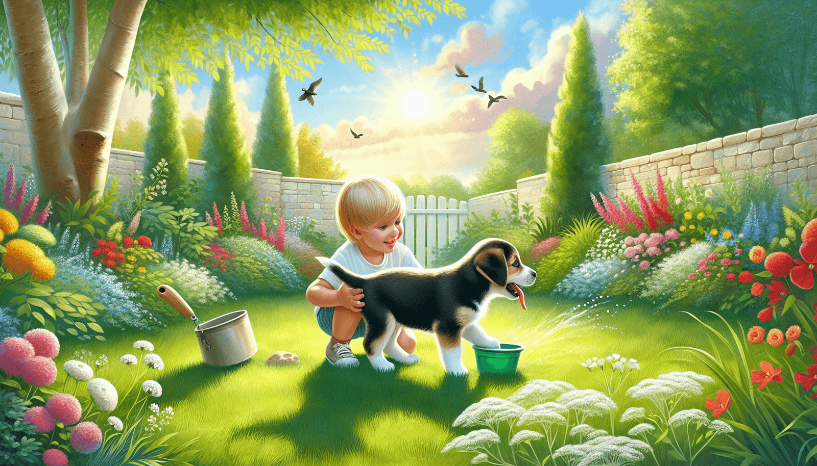 A joyful scene in a lush backyard on a sunny day, featuring a playful puppy sniffing the ground, symbolizing its potty training. Beside the puppy, a C