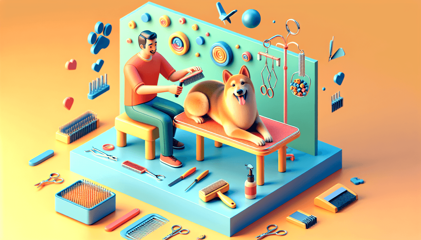 A joyful, well-groomed dog sitting comfortably on a grooming table, surrounded by various grooming tools like brushes and nail clippers. A friendly Ca