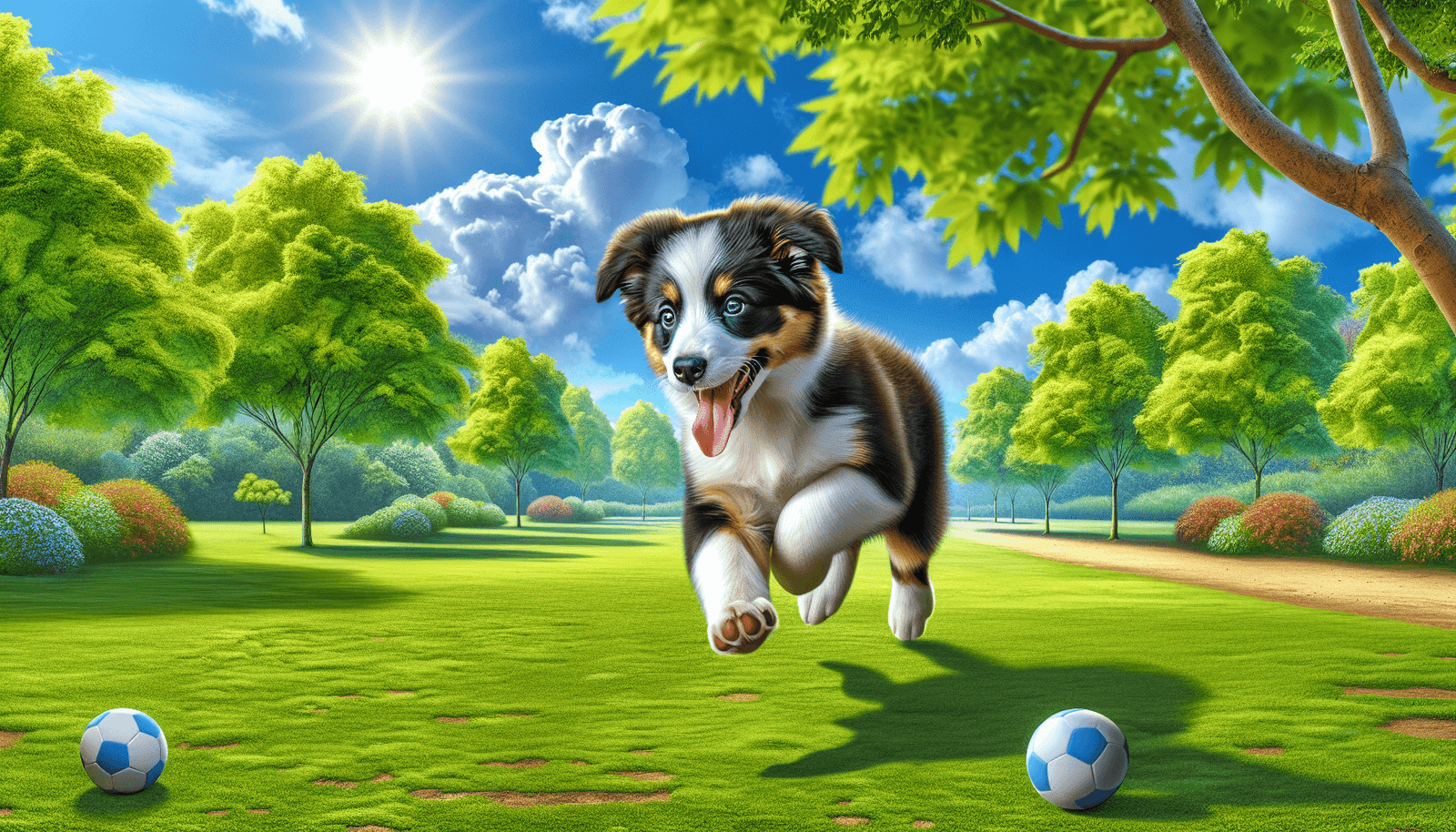 A joyous Border Collie puppy in mid-sprint, tongue out and ears flapping, chasing a bright red ball in a lush green park under a clear blue sky, surro