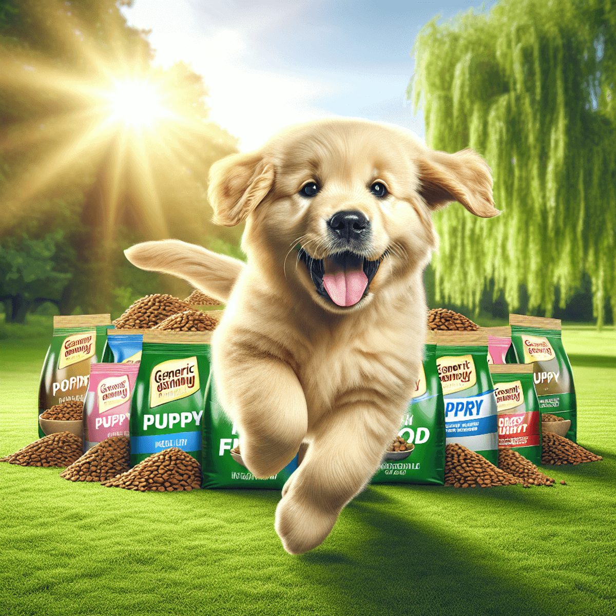 A lively golden retriever puppy with a shiny coat and bright eyes playing happily in a sunny park, surrounded by bags of generic puppy food. The scene