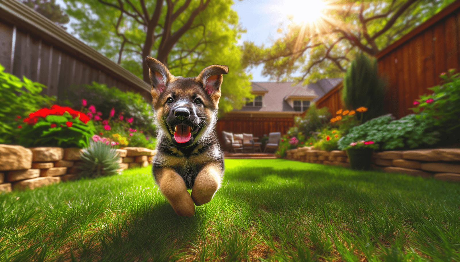 A playful German Shepherd puppy with a shiny coat and bright eyes joyfully frolics in a sunny backyard filled with lush green grass and vibrant flower