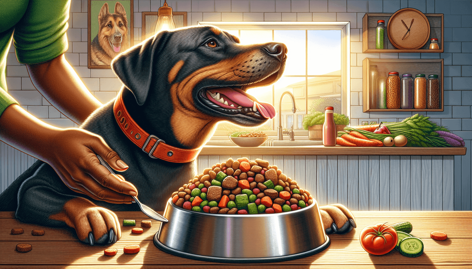 A realistic illustration of a joyful, healthy dog savoring a bowl of colorful dog food made from fresh ingredients, set in a warm, sunlit kitchen. A B