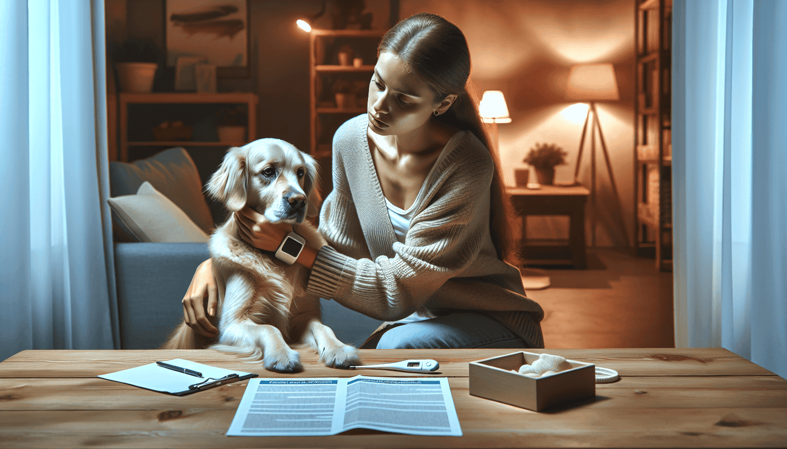 A worried Caucasian woman kneels beside her dog in a warm, inviting living room, gently inspecting the dog's breathing. The dog displays subtle signs