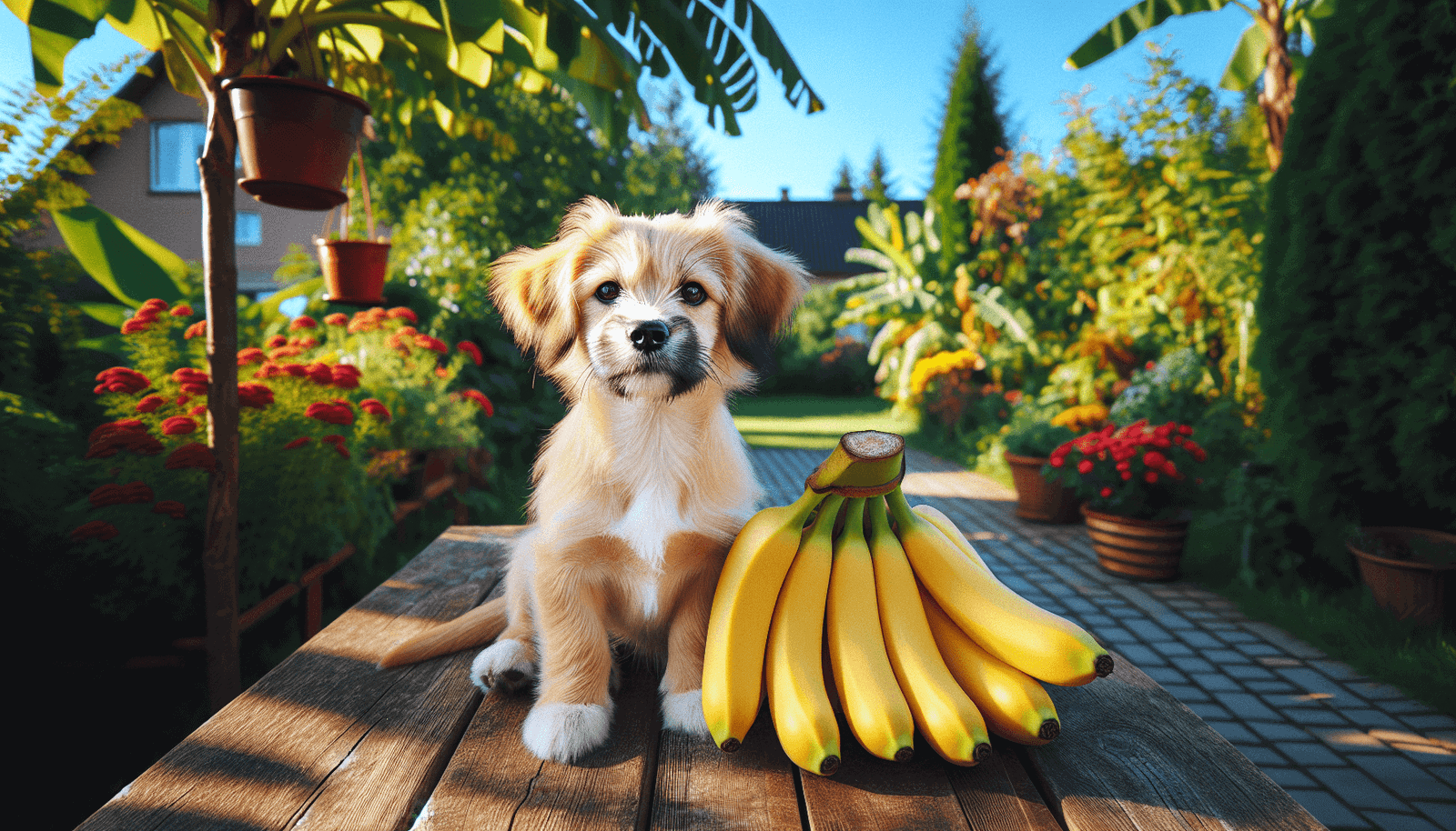 An adorable and healthy Caucasian breed dog with a playful and curious expression sitting next to a bunch of ripe bananas in a vibrant outdoor setting