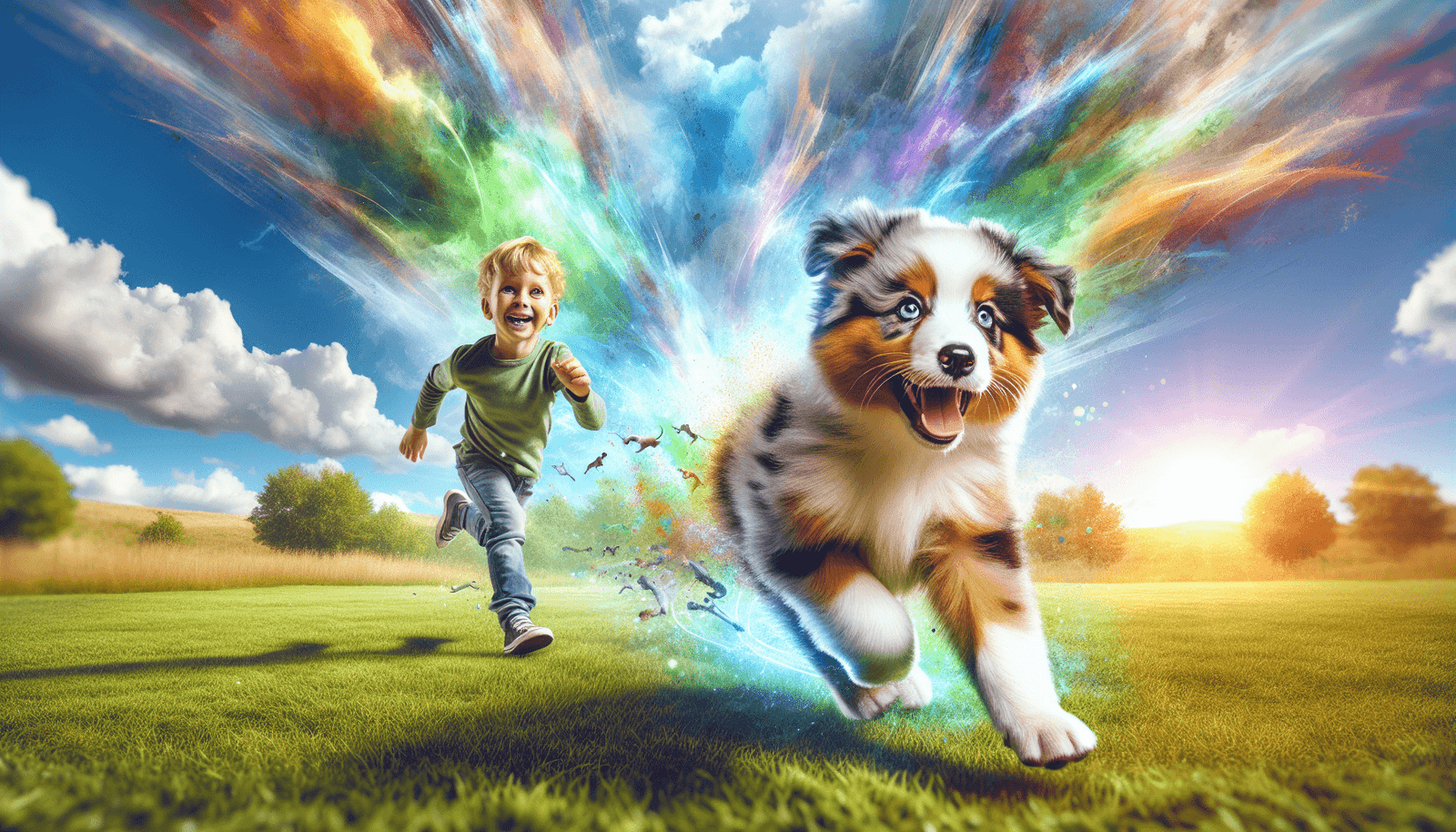 An energetic Australian Shepherd puppy is captured mid-jump on a vibrant green grass field, with a bright blue sky above. A joyful Caucasian child is