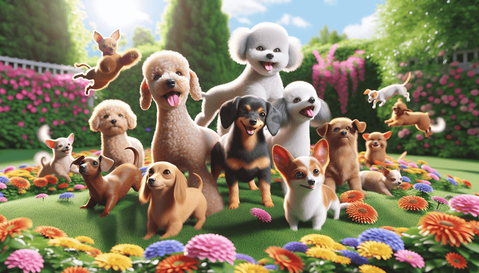 A group of small dogs playing and sitting in a vibrant garden with colorful flowers on a sunny day.